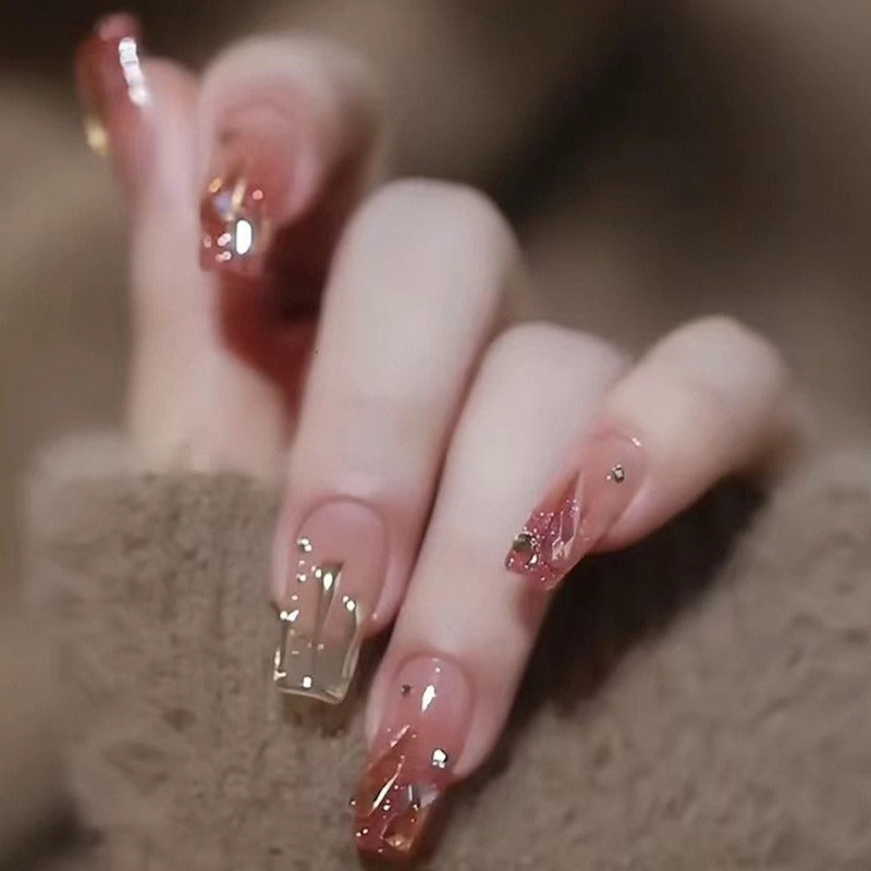 Pink Girl Crystal Nails with Glue