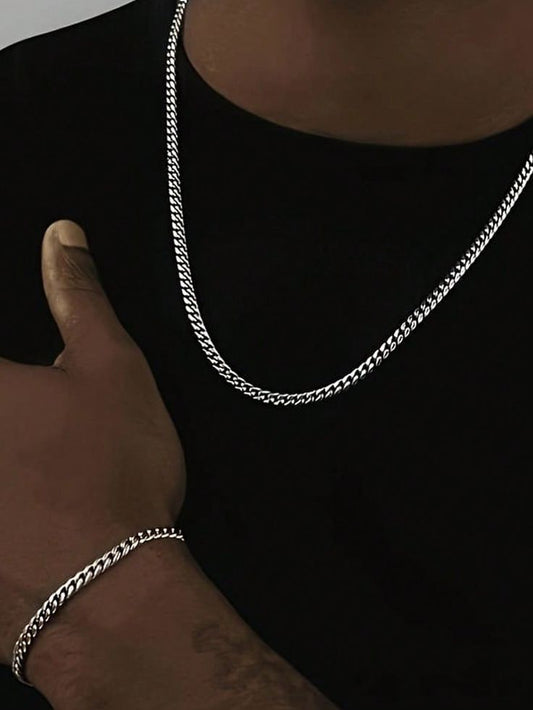 Box Chain Necklace with Bracelet in Platinum For Men