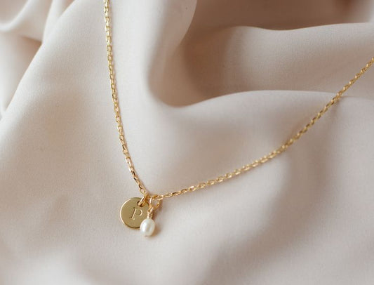 Pearl Initial Necklace Tiny Disc Letter