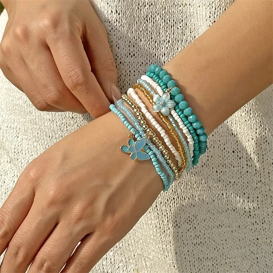 9-piece Butterfly, Flower And Heart Beaded Bracelet