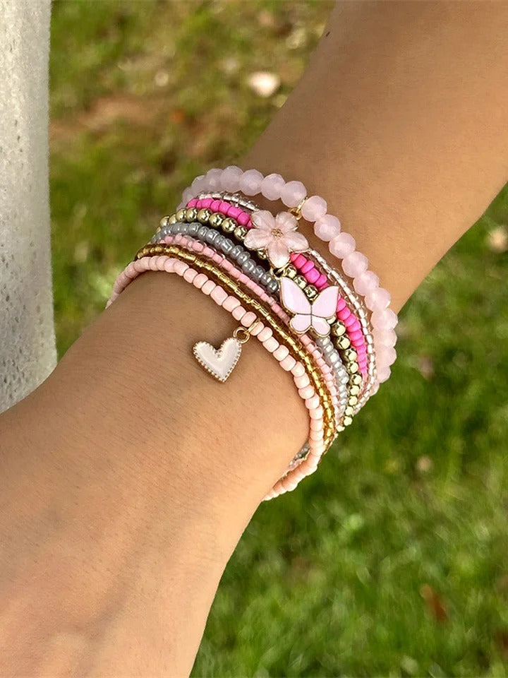 9-piece Butterfly, Flower And Heart Beaded Bracelet