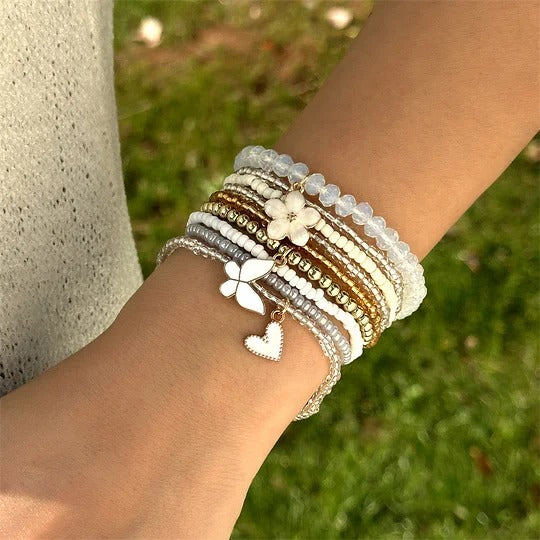 9-piece Butterfly, Flower And Heart Beaded Bracelet